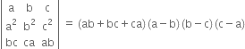 open vertical bar table row straight a straight b straight c row cell straight a squared end cell cell straight b squared end cell cell straight c squared end cell row bc ca ab end table close vertical bar space equals space left parenthesis ab plus bc plus ca right parenthesis thin space left parenthesis straight a minus straight b right parenthesis thin space left parenthesis straight b minus straight c right parenthesis thin space left parenthesis straight c minus straight a right parenthesis