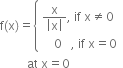 straight f left parenthesis straight x right parenthesis equals open curly brackets table attributes columnalign left end attributes row cell fraction numerator straight x over denominator open vertical bar straight x close vertical bar end fraction comma space if space straight x not equal to 0 end cell row cell space space space space 0 space space space comma space if space straight x equals 0 end cell end table close
space space space space space space space space space at space straight x equals 0