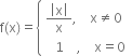 straight f left parenthesis straight x right parenthesis equals open curly brackets table attributes columnalign left end attributes row cell fraction numerator open vertical bar straight x close vertical bar over denominator straight x end fraction comma space space space space straight x not equal to 0 end cell row cell space space space 1 space space space space comma space space space space straight x equals 0 end cell end table close