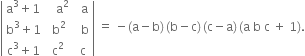 open vertical bar table row cell straight a cubed plus 1 end cell cell space space space straight a squared end cell cell space space straight a end cell row cell straight b cubed plus 1 end cell cell space straight b squared end cell cell space space straight b end cell row cell straight c cubed plus 1 end cell cell straight c squared end cell cell space straight c end cell end table close vertical bar space equals space minus left parenthesis straight a minus straight b right parenthesis thin space left parenthesis straight b minus straight c right parenthesis thin space left parenthesis straight c minus straight a right parenthesis thin space left parenthesis straight a space straight b space straight c space plus space 1 right parenthesis.