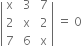 open vertical bar table row straight x cell space 3 end cell cell space 7 end cell row 2 cell space straight x end cell cell space 2 end cell row 7 cell space 6 end cell cell space straight x end cell end table close vertical bar space equals space 0