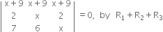 open vertical bar table row cell straight x plus 9 end cell cell straight x plus 9 end cell cell straight x plus 9 end cell row 2 straight x 2 row 7 6 straight x end table close vertical bar space equals 0 comma space space by space space space straight R subscript 1 plus straight R subscript 2 plus straight R subscript 3
