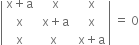 open vertical bar table row cell straight x plus straight a end cell cell space straight x end cell cell space straight x end cell row straight x cell space straight x plus straight a end cell cell space straight x end cell row straight x straight x cell space straight x plus straight a end cell end table close vertical bar space equals space 0