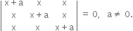 open vertical bar table row cell straight x plus straight a end cell cell space straight x end cell cell space straight x end cell row straight x cell space straight x plus straight a end cell cell space straight x end cell row straight x straight x cell space straight x plus straight a end cell end table close vertical bar space equals space 0 comma space space space straight a not equal to space 0.
