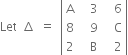 Let space increment space equals space open vertical bar table row straight A cell space space 3 end cell cell space space 6 end cell row 8 cell space space 9 end cell cell space space straight C end cell row 2 cell space space straight B end cell cell space space 2 end cell end table close vertical bar