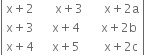 open vertical bar table row cell straight x plus 2 end cell cell space space space straight x plus 3 end cell cell space space space straight x plus 2 straight a end cell row cell straight x plus 3 end cell cell space space straight x plus 4 end cell cell space space straight x plus 2 straight b end cell row cell straight x plus 4 end cell cell space space straight x plus 5 end cell cell space space space straight x plus 2 straight c end cell end table close vertical bar