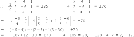 therefore space space space space 1 half open vertical bar table row straight x cell space space space space 4 end cell cell space space 1 end cell row 2 cell space space minus 6 end cell cell space space 1 end cell row 5 cell space space 4 end cell cell space space 1 end cell end table close vertical bar space equals space plus-or-minus 35 space space space space space space space space space space space space space space space space space space space rightwards double arrow space open vertical bar table row straight x cell space space space 4 end cell cell space space 1 end cell row 2 cell space minus 6 end cell cell space space 1 end cell row 5 4 cell space space 1 end cell end table close vertical bar space equals space plus-or-minus 70
rightwards double arrow space space space space space space straight x open vertical bar table row cell negative 6 end cell cell space space space 1 end cell row 4 cell space space space 1 end cell end table close vertical bar minus 4 space open vertical bar table row 2 cell space space space space 1 end cell row 5 cell space space space space 1 end cell end table close vertical bar plus space 1 space open vertical bar table row 2 cell negative 6 end cell row 5 4 end table close vertical bar space equals space plus-or-minus 70
rightwards double arrow space space space space space left parenthesis negative 6 minus 4 right parenthesis straight x minus 4 left parenthesis 2 minus 5 right parenthesis plus 1 left parenthesis 8 plus 30 right parenthesis space equals space plus-or-minus 70
rightwards double arrow space space space space minus 10 straight x plus 12 plus 38 space equals space plus-or-minus 70 space space space space space space space space space space space space rightwards double arrow space space space 10 straight x space equals space 20 comma space space space minus 120 space space space rightwards double arrow space space straight x space equals space 2 comma space minus 12.
