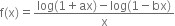 straight f left parenthesis straight x right parenthesis equals fraction numerator log left parenthesis 1 plus ax right parenthesis minus log left parenthesis 1 minus bx right parenthesis over denominator straight x end fraction