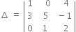 increment space equals space open vertical bar table row 1 cell space space space space 0 end cell cell space space space 4 end cell row 3 cell space space 5 end cell cell space minus 1 end cell row 0 cell space 1 end cell cell space space space 2 end cell end table close vertical bar