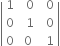 open vertical bar table row 1 cell space space 0 end cell cell space space 0 end cell row 0 cell space space 1 end cell cell space space 0 end cell row 0 cell space 0 end cell cell space space 1 end cell end table close vertical bar