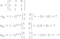 increment space equals space open vertical bar table row 5 cell space space space space 3 end cell cell space space 8 end cell row 2 cell space space space 0 end cell cell space space space 1 space space end cell row 1 cell space space 2 end cell cell space space 3 end cell end table close vertical bar
space straight A subscript 21 space equals space left parenthesis negative 1 right parenthesis to the power of 2 plus 1 end exponent space open vertical bar table row 3 cell space space space 8 end cell row 2 cell space space space 3 end cell end table close vertical bar space equals space minus left parenthesis 9 minus 16 right parenthesis space equals space 7
straight A subscript 22 space equals space left parenthesis negative 1 right parenthesis to the power of 2 plus 2 end exponent space open vertical bar table row 5 cell space space space 8 end cell row 1 cell space space space 3 end cell end table close vertical bar space equals space 1 left parenthesis 15 minus 8 right parenthesis space equals space 7
straight A subscript 23 space equals space left parenthesis negative 1 right parenthesis to the power of 2 plus 3 end exponent space open vertical bar table row 5 cell space space space space 3 end cell row 1 cell space space space space 2 end cell end table close vertical bar space equals space minus left parenthesis 10 minus 3 right parenthesis space equals space minus 7