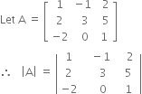 Let space straight A space equals space open square brackets table row 1 cell negative 1 end cell cell space space 2 end cell row 2 cell space space 3 end cell cell space space 5 end cell row cell negative 2 end cell cell space space 0 end cell cell space 1 end cell end table close square brackets
therefore space space space open vertical bar straight A close vertical bar space equals space open vertical bar table row 1 cell space space space minus 1 end cell cell space space space space 2 space end cell row 2 cell space space space space space 3 end cell cell space space 5 end cell row cell negative 2 end cell cell space space space space space 0 end cell cell space space 1 end cell end table close vertical bar