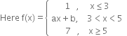 Here space straight f left parenthesis straight x right parenthesis equals open curly brackets table row cell 1 space space space comma space space space space space straight x less or equal than 3 end cell row cell ax plus straight b comma space space space space 3 less than straight x less than 5 end cell row cell 7 space space space comma space space space space straight x greater or equal than 5 end cell end table close