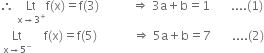 therefore space Lt with straight x rightwards arrow 3 to the power of plus below straight f left parenthesis straight x right parenthesis equals straight f left parenthesis 3 right parenthesis space space space space space space space space space space space rightwards double arrow space 3 straight a plus straight b equals 1 space space space space space space space.... left parenthesis 1 right parenthesis
space Lt with straight x rightwards arrow 5 to the power of minus below space space space space straight f left parenthesis straight x right parenthesis equals straight f left parenthesis 5 right parenthesis space space space space space space space space space space space space rightwards double arrow space 5 straight a plus straight b equals 7 space space space space space space space.... left parenthesis 2 right parenthesis