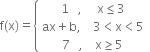 straight f left parenthesis straight x right parenthesis equals open curly brackets table row cell 1 space space space comma space space space space space straight x less or equal than 3 end cell row cell ax plus straight b comma space space space space 3 less than straight x less than 5 end cell row cell 7 space space space comma space space space space straight x greater or equal than 5 end cell end table close