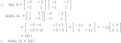 therefore space space space space space adj. space straight A space equals space open square brackets table row cell negative 5 end cell cell space space space space minus 3 end cell row cell negative 2 end cell cell space space space space space space 1 end cell end table close square brackets space space space open square brackets table row cell negative 5 end cell cell space space space space space minus 2 end cell row cell negative 3 end cell cell space space space space space space 1 end cell end table close square brackets
space space space space space space straight A left parenthesis adj. space straight A right parenthesis space space equals space open square brackets table row 1 cell space space space space space space 2 end cell row 3 cell space space minus 5 end cell end table close square brackets space open square brackets table row cell negative 5 end cell cell space space space space minus 2 end cell row cell negative 3 end cell cell space space space space space space space 1 end cell end table close square brackets space space space space space space space space space space space space space space space space space space space space space space space
space space space space space space space space space space space space space space space space space space space space space space space equals space open square brackets table row cell negative 5 minus 6 end cell cell space space space space space space space minus 2 plus 2 end cell row cell negative 15 plus 15 end cell cell space space space space space space space space minus 6 minus 5 end cell end table close square brackets space equals space open square brackets table row cell negative 11 end cell cell space space space 0 end cell row 0 cell negative 11 end cell end table close square brackets space equals space minus 11 open square brackets table row 1 0 row 0 1 end table close square brackets
space space space space space space space space space space space space space space space space space space space space space space space equals space open vertical bar straight A close vertical bar space straight I
therefore space space space space straight A left parenthesis adj. space straight A right parenthesis space equals space open vertical bar straight A close vertical bar space straight I

