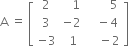 straight A space equals space open square brackets table row 2 cell space space space 1 end cell cell space space space space space space space 5 end cell row 3 cell negative 2 end cell cell space space space minus 4 end cell row cell negative 3 end cell cell space 1 end cell cell space space space space minus 2 end cell end table close square brackets