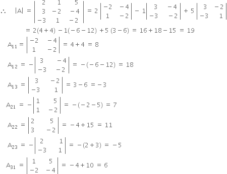 therefore space space space space space open vertical bar straight A close vertical bar space equals space open vertical bar table row cell space space space 2 end cell cell space space space space space 1 end cell cell space space space space space 5 end cell row cell space space space 3 end cell cell space minus 2 end cell cell space space space minus 4 space end cell row cell negative 3 end cell cell space space space 1 end cell cell space minus 2 end cell end table close vertical bar space equals space 2 space open vertical bar table row cell negative 2 end cell cell space space minus 4 end cell row 1 cell space space minus 2 end cell end table close vertical bar space minus space 1 open vertical bar table row cell space space space 3 end cell cell space space space minus 4 end cell row cell negative 3 end cell cell space space space space minus 2 end cell end table close vertical bar space plus space 5 space open vertical bar table row cell space space 3 end cell cell space minus 2 end cell row cell negative 3 end cell cell space space space space 1 end cell end table close vertical bar
space space space space space space space space space space space space space space space space equals space 2 left parenthesis 4 plus 4 right parenthesis space minus 1 left parenthesis negative 6 minus 12 right parenthesis space plus 5 space left parenthesis 3 minus 6 right parenthesis space equals space 16 plus 18 minus 15 space equals space 19
space space space space space straight A subscript 11 equals space open vertical bar table row cell negative 2 end cell cell space space space minus 4 end cell row 1 cell space space space minus 2 end cell end table close vertical bar space equals space 4 plus 4 space equals space 8
space space space space space straight A subscript 12 space equals space minus open vertical bar table row 3 cell space space space space minus 4 end cell row cell negative 3 end cell cell space space space minus 2 end cell end table close vertical bar space equals space minus left parenthesis negative 6 minus 12 right parenthesis space equals space 18
space space space space space straight A subscript 13 space equals space open vertical bar table row cell space space 3 end cell cell space space space space minus 2 end cell row cell negative 3 end cell cell space space space space space space 1 end cell end table close vertical bar space equals space 3 minus 6 space equals negative 3
space space space space straight A subscript 21 space equals space minus open vertical bar table row 1 cell space space space space space space space 5 end cell row 1 cell space space space minus 2 end cell end table close vertical bar space equals space minus left parenthesis negative 2 minus 5 right parenthesis space equals space 7
space space space space space straight A subscript 22 space equals space open vertical bar table row 2 cell space space space space space space space 5 end cell row 3 cell space space space space space minus 2 end cell end table close vertical bar space equals space minus 4 plus 15 space equals space 11
space space space space space straight A subscript 23 space equals space minus open vertical bar table row 2 cell space space space space space space 1 end cell row cell negative 3 end cell cell space space space space space 1 end cell end table close vertical bar space equals space minus left parenthesis 2 plus 3 right parenthesis space equals space minus 5
space space space space straight A subscript 31 space equals space open vertical bar table row 1 cell space space space 5 end cell row cell negative 2 end cell cell space space minus 4 end cell end table close vertical bar space equals space minus 4 plus 10 space equals space 6
