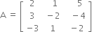 straight A space equals space open square brackets table row 2 cell space space space 1 end cell cell space space space space space 5 end cell row 3 cell space minus 2 end cell cell space space space minus 4 end cell row cell negative 3 end cell cell space 1 end cell cell space space minus 2 end cell end table close square brackets