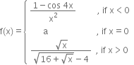 straight f left parenthesis straight x right parenthesis equals open curly brackets table row cell fraction numerator 1 minus cos space 4 straight x over denominator straight x squared end fraction space space space space space space space space space space comma space if space straight x less than 0 end cell row cell space space space space space space straight a space space space space space space space space space space space space space space space space space space space space space space space comma space if space straight x equals 0 end cell row cell fraction numerator square root of straight x over denominator square root of 16 plus square root of straight x end root minus 4 end fraction space space comma space if space straight x greater than 0 end cell end table close