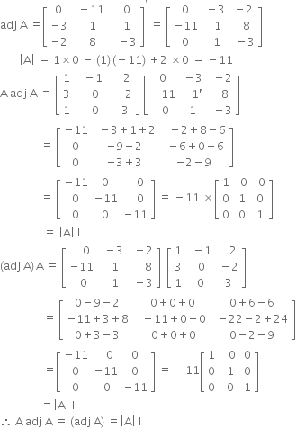 adj space straight A space equals open square brackets table row 0 cell space space minus 11 end cell cell space space space 0 end cell row cell negative 3 end cell cell space space space 1 end cell cell space space space 1 end cell row cell negative 2 end cell cell space space space 8 end cell cell space space space minus 3 end cell end table close square brackets to the power of apostrophe space equals space open square brackets table row 0 cell space minus 3 end cell cell space minus 2 end cell row cell negative 11 end cell cell space space space 1 end cell cell space space space 8 end cell row 0 cell space space 1 end cell cell space space minus 3 end cell end table close square brackets
space space space space space space space open vertical bar straight A close vertical bar space equals space 1 cross times 0 space minus space left parenthesis 1 right parenthesis thin space left parenthesis negative 11 right parenthesis space plus 2 space cross times 0 space equals space minus 11
straight A space adj space straight A space equals space open square brackets table row 1 cell space space space minus 1 end cell cell space space space space space 2 end cell row 3 cell space space space space space 0 end cell cell space space minus 2 end cell row 1 cell space space space space space 0 end cell cell space space space space 3 end cell end table close square brackets space open square brackets table row 0 cell space minus 3 end cell cell space space minus 2 end cell row cell negative 11 end cell cell space space space space 1 apostrophe end cell cell space space space space 8 end cell row cell space space 0 end cell cell space 1 end cell cell space space minus 3 end cell end table close square brackets space
space space space space space space space space space space space space space space space equals space open square brackets table row cell negative 11 end cell cell space space minus 3 plus 1 plus 2 end cell cell space space space minus 2 plus 8 minus 6 end cell row 0 cell negative 9 minus 2 end cell cell space space minus 6 plus 0 plus 6 end cell row 0 cell negative 3 plus 3 end cell cell negative 2 minus 9 end cell end table close square brackets
space space space space space space space space space space space space space space space equals space open square brackets table row cell negative 11 end cell 0 cell space space space space 0 end cell row 0 cell negative 11 end cell cell space space space space 0 end cell row 0 0 cell negative 11 end cell end table close square brackets space equals space minus 11 space cross times open square brackets table row 1 cell space space 0 end cell cell space space 0 end cell row 0 cell space 1 end cell cell space 0 end cell row 0 cell space 0 end cell cell space 1 end cell end table close square brackets
space space space space space space space space space space space space space space space space equals space open vertical bar straight A close vertical bar space straight I
left parenthesis adj space straight A right parenthesis thin space straight A space equals space open square brackets table row cell space space space space 0 end cell cell space space minus 3 end cell cell space space minus 2 end cell row cell negative 11 end cell cell space space space 1 end cell cell space space space space space space 8 end cell row cell space space 0 end cell cell space space space 1 end cell cell space space minus 3 end cell end table close square brackets space space open square brackets table row 1 cell space space minus 1 end cell cell space space space space 2 end cell row 3 cell space space 0 end cell cell space minus 2 end cell row 1 cell space 0 end cell cell space 3 end cell end table close square brackets
space space space space space space space space space space space space space space space space equals space open square brackets table row cell 0 minus 9 minus 2 end cell cell space space 0 plus 0 plus 0 end cell cell space space 0 plus 6 minus 6 end cell row cell negative 11 plus 3 plus 8 end cell cell space space space minus 11 plus 0 plus 0 end cell cell space space minus 22 minus 2 plus 24 end cell row cell 0 plus 3 minus 3 end cell cell space space space 0 plus 0 plus 0 end cell cell space space 0 minus 2 minus 9 end cell end table close square brackets
space space space space space space space space space space space space space space space space equals open square brackets table row cell negative 11 end cell cell space space space 0 end cell 0 row 0 cell negative 11 end cell 0 row 0 cell space 0 end cell cell negative 11 end cell end table close square brackets space equals space minus 11 open square brackets table row 1 cell space space space 0 end cell cell space 0 end cell row 0 cell space space 1 end cell cell space 0 end cell row 0 cell space space 0 end cell cell space 1 end cell end table close square brackets
space space space space space space space space space space space space space space space equals open vertical bar straight A close vertical bar space straight I
therefore space straight A space adj space straight A space equals space left parenthesis adj space straight A right parenthesis space equals open vertical bar straight A close vertical bar space straight I