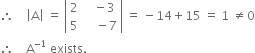 therefore space space space space open vertical bar straight A close vertical bar space equals space open vertical bar table row 2 cell space space space minus 3 end cell row 5 cell space space space space minus 7 end cell end table close vertical bar space equals space minus 14 plus 15 space equals space 1 space not equal to 0
therefore space space space space straight A to the power of negative 1 end exponent space exists. space
