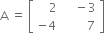 straight A space equals space open square brackets table row cell space space space space 2 end cell cell space space space space minus 3 end cell row cell negative 4 end cell cell space space space space space space space space 7 end cell end table close square brackets