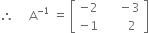 therefore space space space space space straight A to the power of negative 1 end exponent space equals space open square brackets table row cell negative 2 end cell cell space space space space space minus 3 end cell row cell negative 1 end cell cell space space space space space space space 2 end cell end table close square brackets