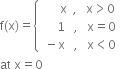 straight f left parenthesis straight x right parenthesis equals open curly brackets table row cell space space space space space space straight x space space comma space space space straight x greater than 0 end cell row cell space space space space space 1 space space space comma space space space straight x equals 0 end cell row cell space minus straight x space space space comma space space space straight x less than 0 end cell end table close
at space straight x equals 0