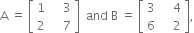 straight A space equals space open square brackets table row 1 cell space space space space 3 end cell row 2 cell space space space space 7 end cell end table close square brackets space space and space straight B space equals space open square brackets table row 3 cell space space space space 4 end cell row 6 cell space space space space 2 end cell end table close square brackets comma