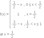 straight f left parenthesis straight x right parenthesis equals open curly brackets table row cell 1 half minus straight x space space comma space 0 less or equal than straight x less than 1 half end cell row cell 1 space space space space space space comma space straight x equals 1 half end cell row cell 3 over 2 minus straight x space space comma 1 half less than straight x less or equal than 1 end cell end table close
at space straight x equals 1 half