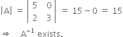 open vertical bar straight A close vertical bar space equals space open vertical bar table row 5 cell space space 0 end cell row 2 cell space space 3 end cell end table close vertical bar space equals space 15 minus 0 space equals space 15
rightwards double arrow space space space space straight A to the power of negative 1 end exponent space exists. space