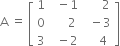 straight A space equals space open square brackets table row 1 cell space space minus 1 end cell cell space space space space space space 2 end cell row 0 cell space space space space space 2 end cell cell space space minus 3 end cell row 3 cell space space minus 2 end cell cell space space space space 4 end cell end table close square brackets