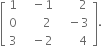 open square brackets table row 1 cell space space space minus 1 end cell cell space space space space space space 2 end cell row 0 cell space space space space space space 2 end cell cell space space space minus 3 end cell row 3 cell space space space minus 2 end cell cell space space space space space space 4 end cell end table close square brackets.