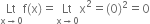 Lt with straight x rightwards arrow 0 below straight f left parenthesis straight x right parenthesis equals Lt with straight x rightwards arrow 0 below straight x squared equals left parenthesis 0 right parenthesis squared equals 0