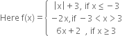 Here space straight f left parenthesis straight x right parenthesis equals open curly brackets table row cell open vertical bar straight x close vertical bar plus 3 comma space if space straight x less or equal than negative 3 end cell row cell negative 2 straight x comma if space minus 3 less than straight x greater than 3 end cell row cell 6 straight x plus 2 space space comma space if space straight x greater or equal than 3 end cell end table close