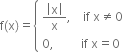 straight f left parenthesis straight x right parenthesis equals open curly brackets table attributes columnalign left end attributes row cell fraction numerator open vertical bar straight x close vertical bar over denominator straight x end fraction comma space space space space if space straight x not equal to 0 end cell row cell 0 comma space space space space space space space space space if space straight x equals 0 end cell end table close