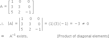 straight A space equals space open square brackets table row 1 cell space space space space 0 end cell cell space space space space 0 end cell row 3 cell space space space 3 end cell cell space space space space space 0 end cell row 5 cell space space space 2 end cell cell space space minus 1 end cell end table close square brackets
therefore space space space space open vertical bar straight A close vertical bar space equals space open vertical bar table row 1 cell space space space space space 0 end cell cell space space space 0 end cell row 3 cell space space space space 3 end cell cell space space space space 0 end cell row 5 cell space space space space 2 end cell cell space minus 1 end cell end table close vertical bar space equals space left parenthesis 1 right parenthesis thin space left parenthesis 3 right parenthesis thin space left parenthesis negative 1 right parenthesis space equals space minus 3 space not equal to space 0
rightwards double arrow space space space space space straight A to the power of negative 1 end exponent space exists. space space space space space space space space space space space space space space space space space space space space space space space space space space space space space space space space space left square bracket Product space of space diagonal space elements right square bracket
