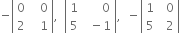 negative open vertical bar table row 0 cell space space space 0 end cell row 2 cell space space space 1 end cell end table close vertical bar comma space space open vertical bar table row 1 cell space space space space space space 0 end cell row 5 cell space space minus 1 end cell end table close vertical bar comma space space minus open vertical bar table row 1 cell space space 0 end cell row 5 cell space space 2 end cell end table close vertical bar