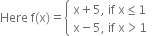 Here space straight f left parenthesis straight x right parenthesis equals open curly brackets table attributes columnalign left end attributes row cell straight x plus 5 comma space if space straight x less or equal than 1 end cell row cell straight x minus 5 comma space if space straight x greater than 1 end cell end table close