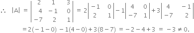 therefore space space space open vertical bar straight A close vertical bar space equals space open vertical bar table row cell space space 2 end cell cell space space 1 end cell cell space space space space 3 end cell row cell space space space 4 end cell cell space minus 1 end cell cell space space space space 0 end cell row cell negative 7 end cell cell space space space space 2 end cell cell space space space space 1 end cell end table close vertical bar space equals space 2 open vertical bar table row cell negative 1 end cell cell space space space 0 end cell row 2 cell space space space 1 end cell end table close vertical bar minus 1 open vertical bar table row 4 cell space space 0 end cell row cell negative 7 end cell cell space space 1 end cell end table close vertical bar plus 3 open vertical bar table row 4 cell space space space minus 1 end cell row cell negative 7 end cell cell space space space space space 2 end cell end table close vertical bar
space space space space space space space space space space space space space space equals 2 left parenthesis negative 1 minus 0 right parenthesis space minus 1 left parenthesis 4 minus 0 right parenthesis plus 3 left parenthesis 8 minus 7 right parenthesis space equals negative 2 minus 4 plus 3 space equals space minus 3 not equal to 0.