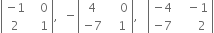 open vertical bar table row cell negative 1 end cell cell space space space 0 end cell row 2 cell space space space 1 end cell end table close vertical bar comma space space minus open vertical bar table row 4 cell space space space space 0 end cell row cell negative 7 end cell cell space space space 1 end cell end table close vertical bar comma space space space open vertical bar table row cell negative 4 end cell cell space space space minus 1 end cell row cell negative 7 end cell cell space space space space space space 2 end cell end table close vertical bar