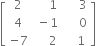 open square brackets table row 2 cell space space space space space 1 end cell cell space space space space space 3 end cell row 4 cell space minus 1 end cell cell space space space space space 0 end cell row cell negative 7 end cell cell space space space space space 2 end cell cell space space space space 1 end cell end table close square brackets