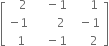 open square brackets table row cell space space space 2 end cell cell space space space space minus 1 end cell cell space space space space space 1 end cell row cell negative 1 end cell cell space space space space space space space 2 end cell cell space space minus 1 end cell row cell space space 1 end cell cell space space space space minus 1 end cell cell space space space space space 2 end cell end table close square brackets