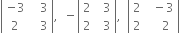 open vertical bar table row cell negative 3 end cell cell space space space 3 end cell row 2 cell space space space 3 end cell end table close vertical bar comma space space minus open vertical bar table row 2 cell space space 3 end cell row 2 cell space space 3 end cell end table close vertical bar comma space space open vertical bar table row 2 cell space space minus 3 end cell row 2 cell space space space space 2 end cell end table close vertical bar