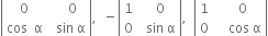 open vertical bar table row 0 cell space space space 0 end cell row cell cos space space straight alpha end cell cell space space sin space straight alpha end cell end table close vertical bar comma space space minus open vertical bar table row 1 cell space space 0 end cell row 0 cell space space sin space straight alpha end cell end table close vertical bar comma space space open vertical bar table row 1 cell space space space 0 end cell row 0 cell space space space space cos space straight alpha end cell end table close vertical bar