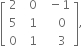 open square brackets table row 2 cell space space 0 end cell cell space space minus 1 end cell row 5 cell space space 1 end cell cell space space space space 0 end cell row 0 cell space space 1 end cell cell space space space space 3 end cell end table close square brackets comma