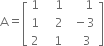 straight A equals open square brackets table row 1 cell space space space 1 end cell cell space space space space 1 end cell row 1 cell space space space 2 end cell cell space minus 3 end cell row 2 cell space space space 1 space end cell cell space space space 3 end cell end table close square brackets