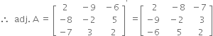 therefore space space adj. space straight A space equals space open square brackets table row 2 cell space space minus 9 end cell cell space space minus 6 end cell row cell negative 8 end cell cell space space minus 2 end cell cell space space space space space 5 end cell row cell negative 7 end cell cell space space space space 3 end cell cell space space space space 2 end cell end table close square brackets to the power of apostrophe space equals open square brackets table row cell space space 2 end cell cell space space space minus 8 end cell cell space minus 7 end cell row cell negative 9 end cell cell space space minus 2 end cell cell space space space space 3 end cell row cell negative 6 end cell cell space space space space space 5 end cell cell space space space 2 end cell end table close square brackets