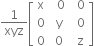 1 over xyz open square brackets table row straight x cell space space 0 end cell cell space space 0 end cell row 0 cell space straight y end cell cell space space 0 end cell row 0 cell space 0 end cell cell space space straight z end cell end table close square brackets